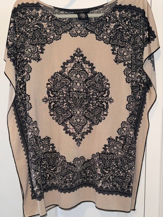 Metaphor Tops - Metaphor Beige Black Ornate Print Poncho Blouse Large Petite Flowy Top